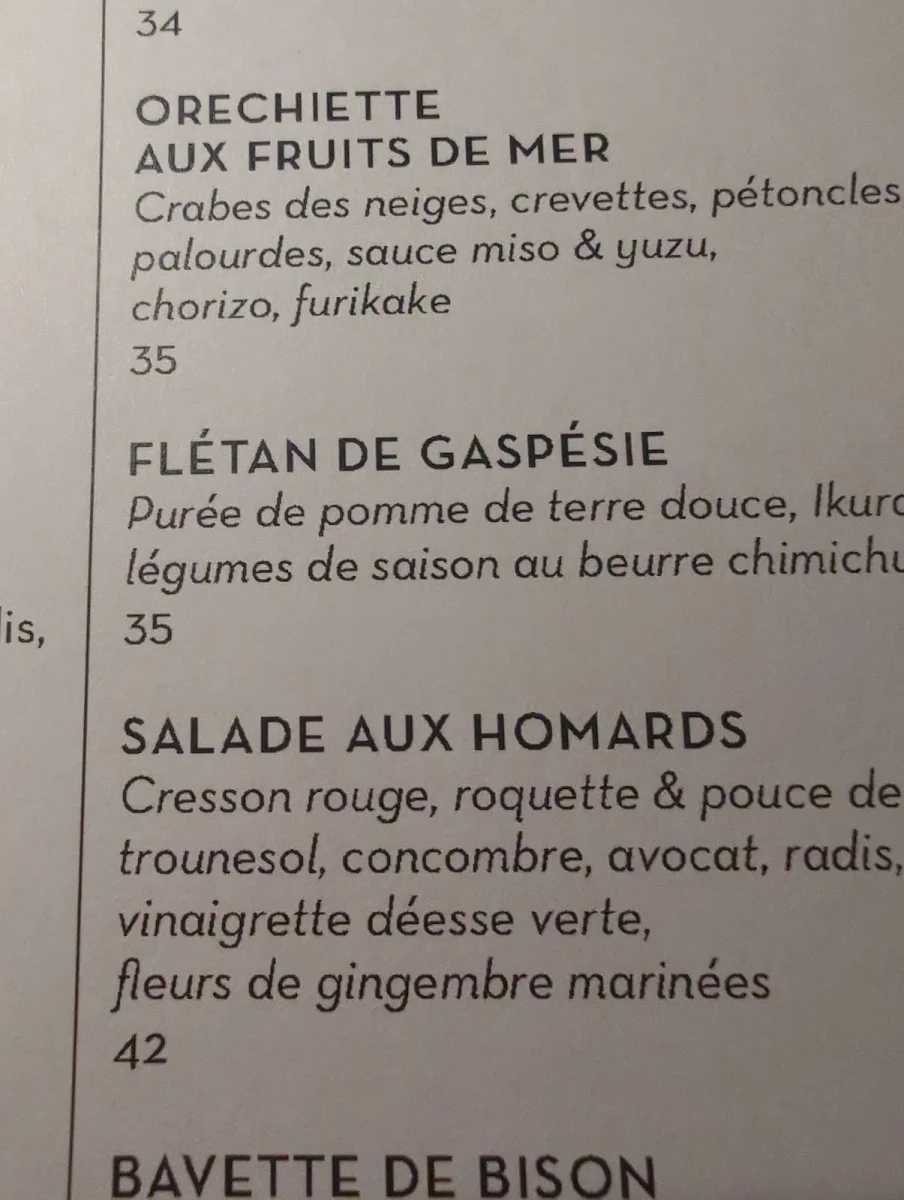 Menu, Le Boating Club