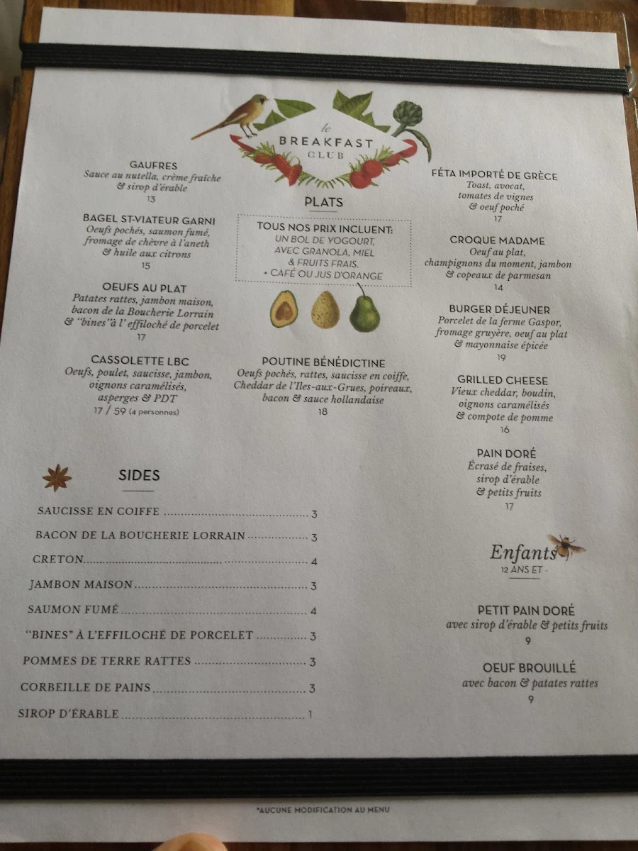 Menu, Le Boating Club