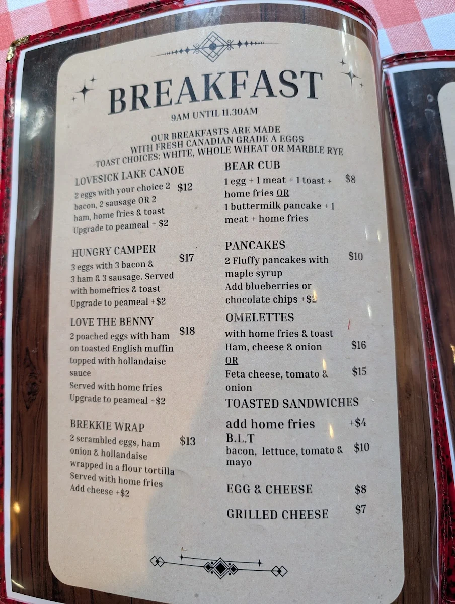 Menu, Lovesick Lake Restaurant