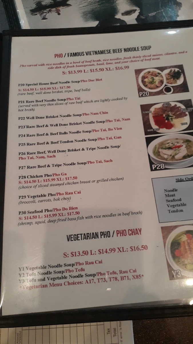 Menu, Pho Windsor