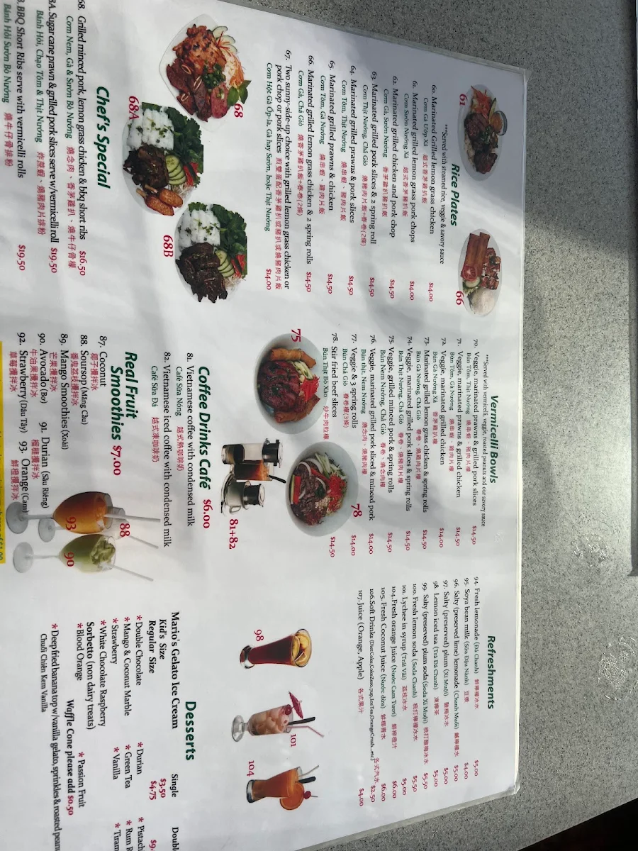 Menu, Phở 777 Vietnamese