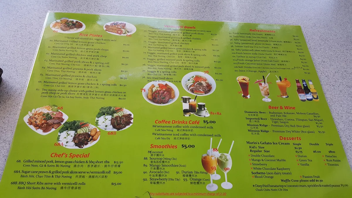 Menu, Phở 777 Vietnamese