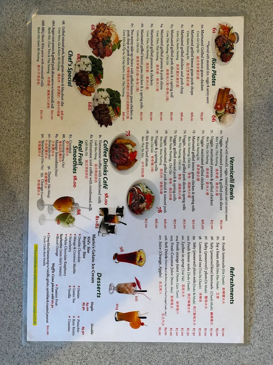 Menu, Phở 777 Vietnamese