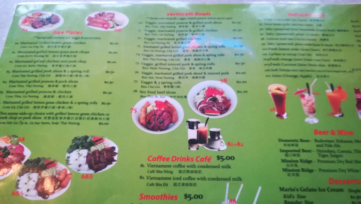 Menu, Phở 777 Vietnamese