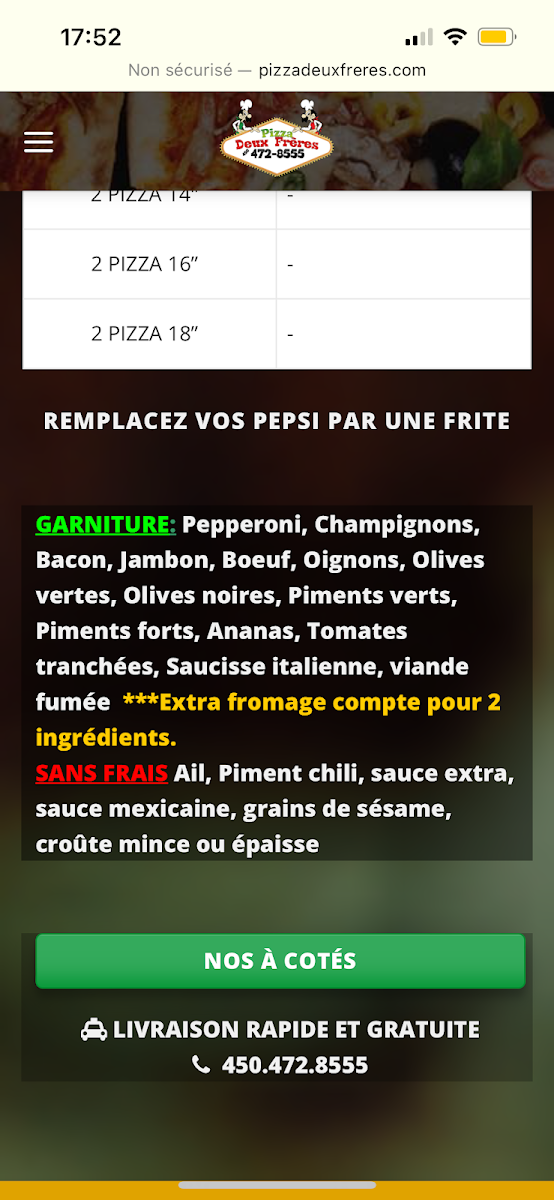 Menu, Pizza Deux Frères 2 pour 1
