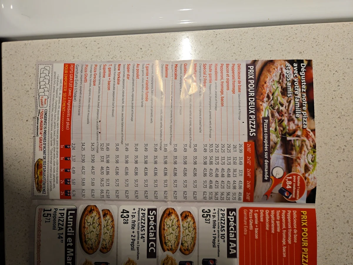 Menu, Pizza Deux Frères 2 pour 1