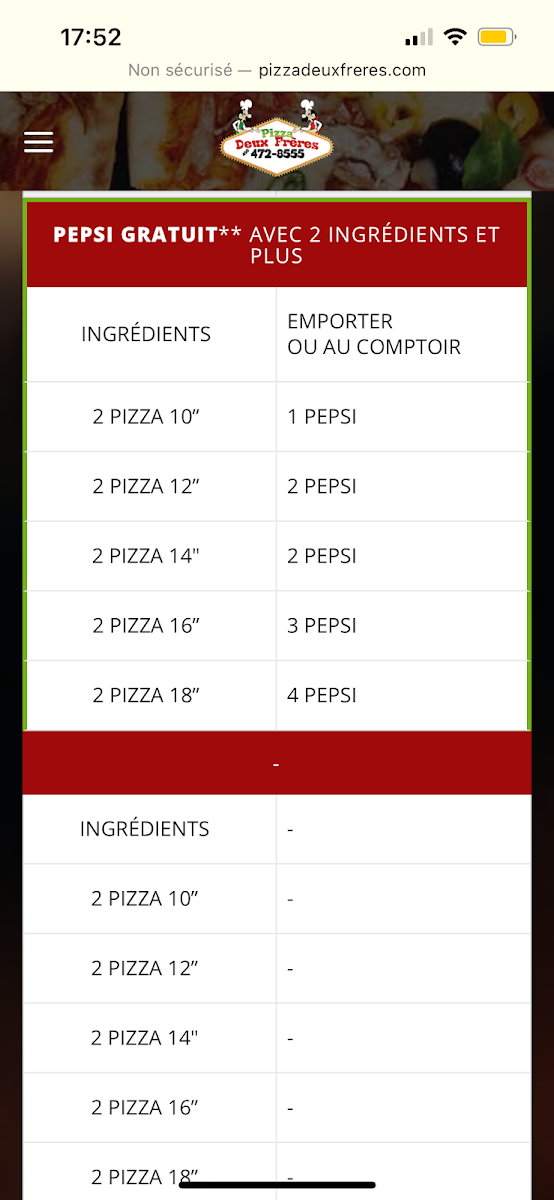 Menu, Pizza Deux Frères 2 pour 1