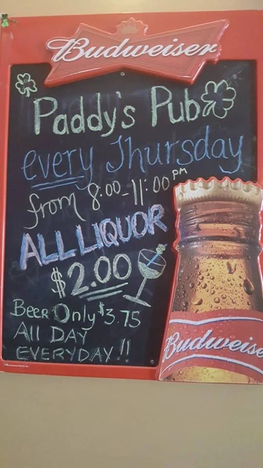 Menu, Paddy's Pub