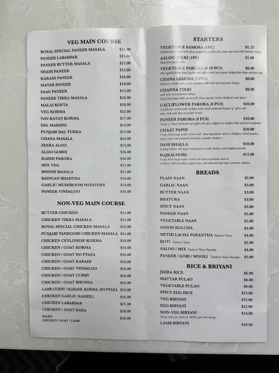 Menu, ROYAL GOURMET INDIAN KITCHEN