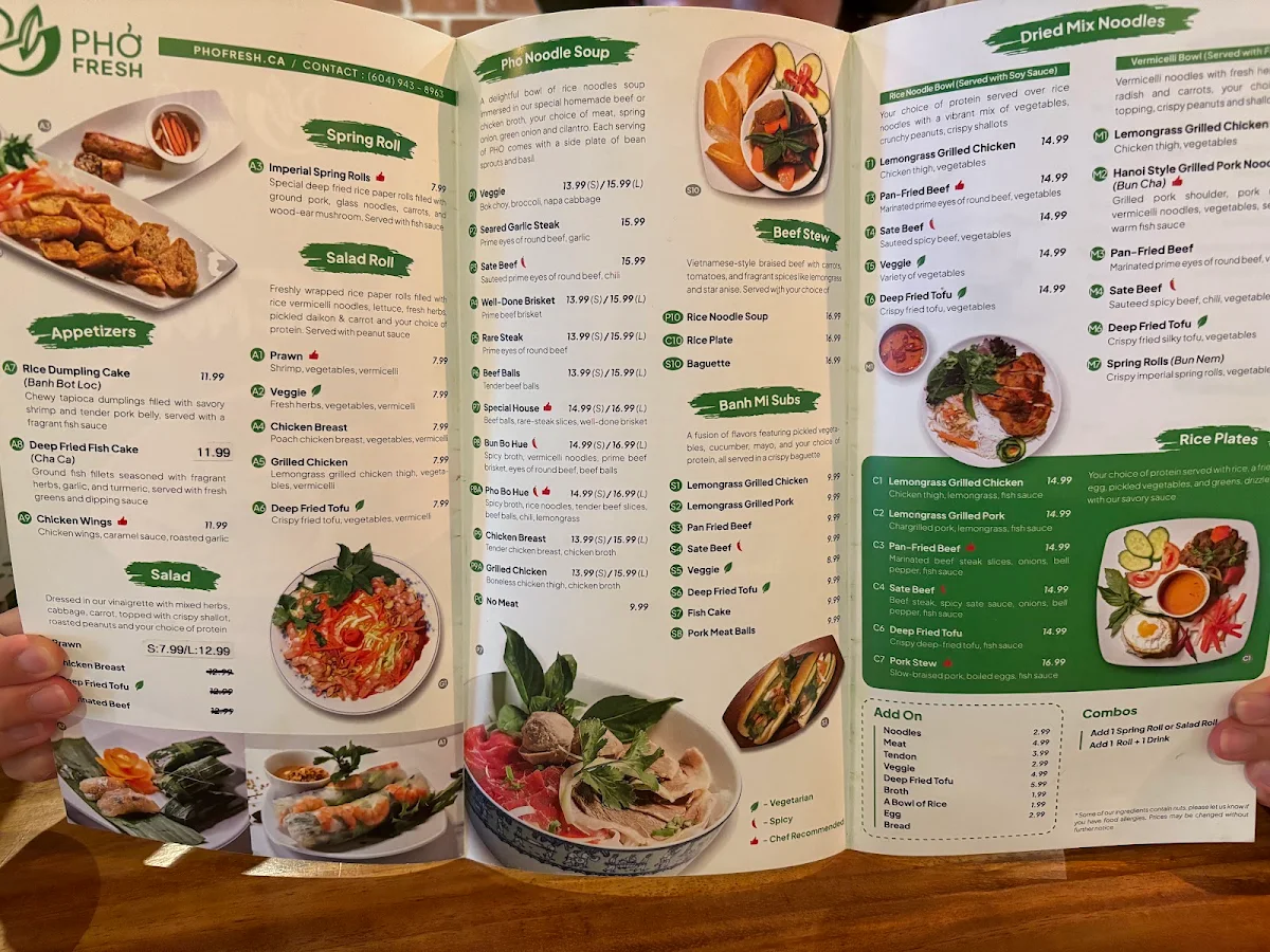 Menu, Pho Fresh