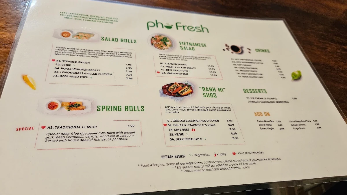 Menu, Pho Fresh