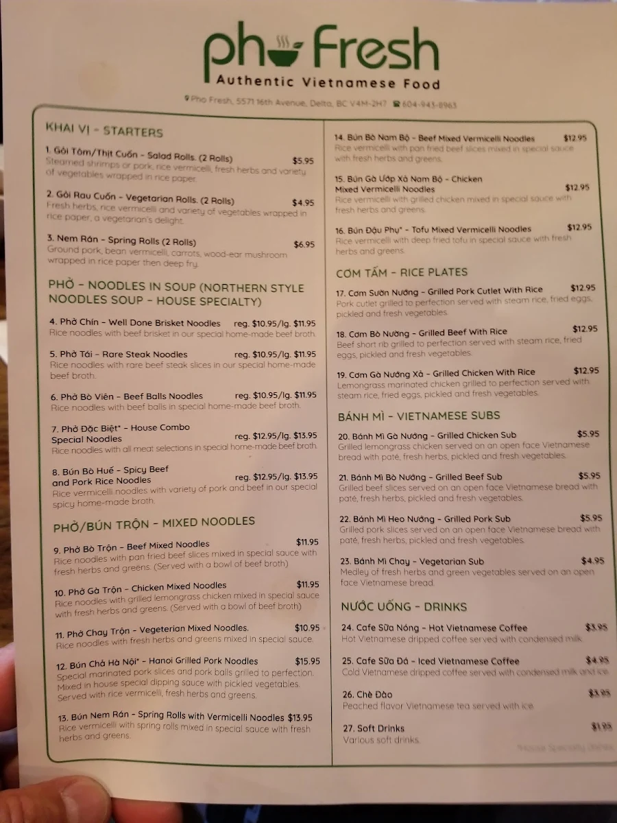 Menu, Pho Fresh