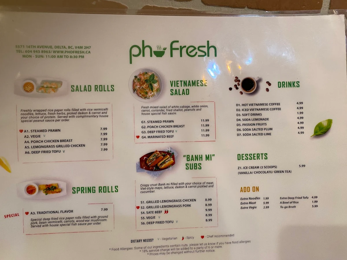 Menu, Pho Fresh