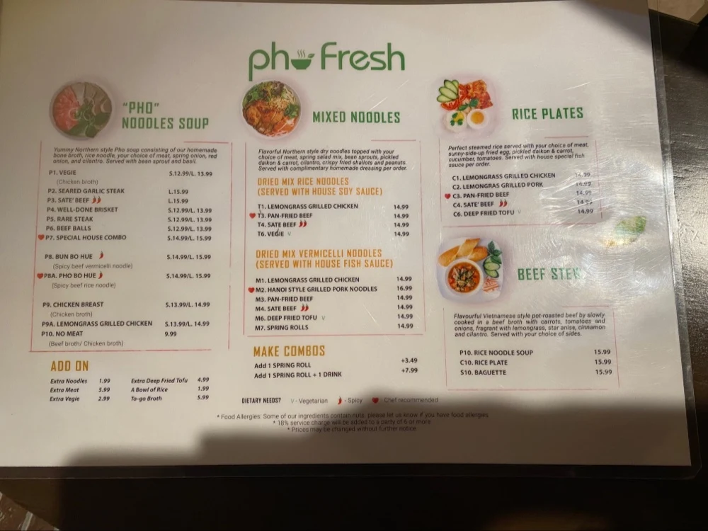 Menu, Pho Fresh
