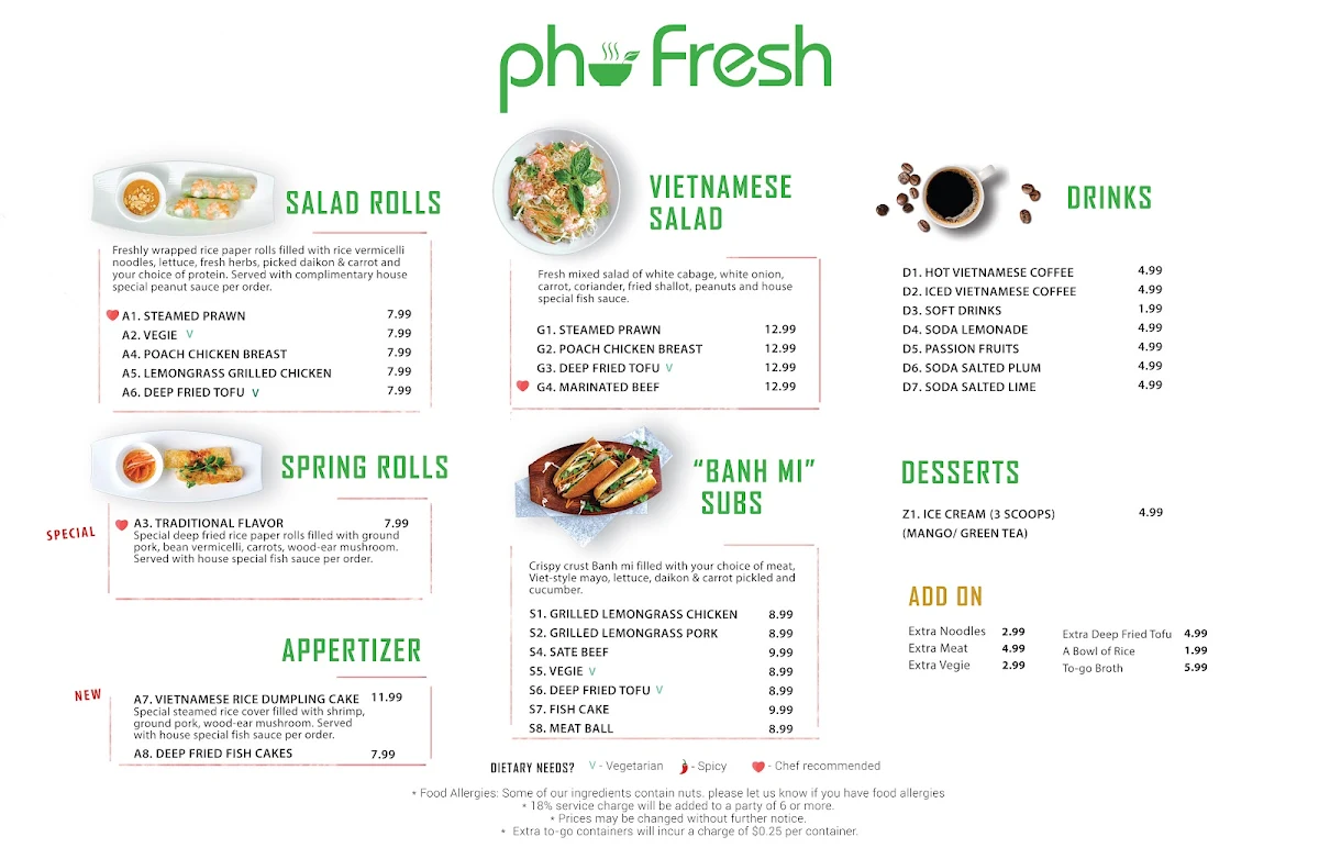 Menu, Pho Fresh
