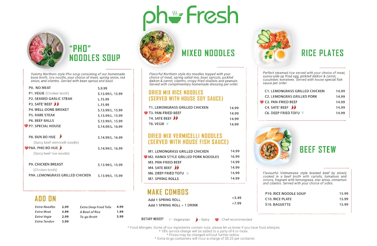 Menu, Pho Fresh