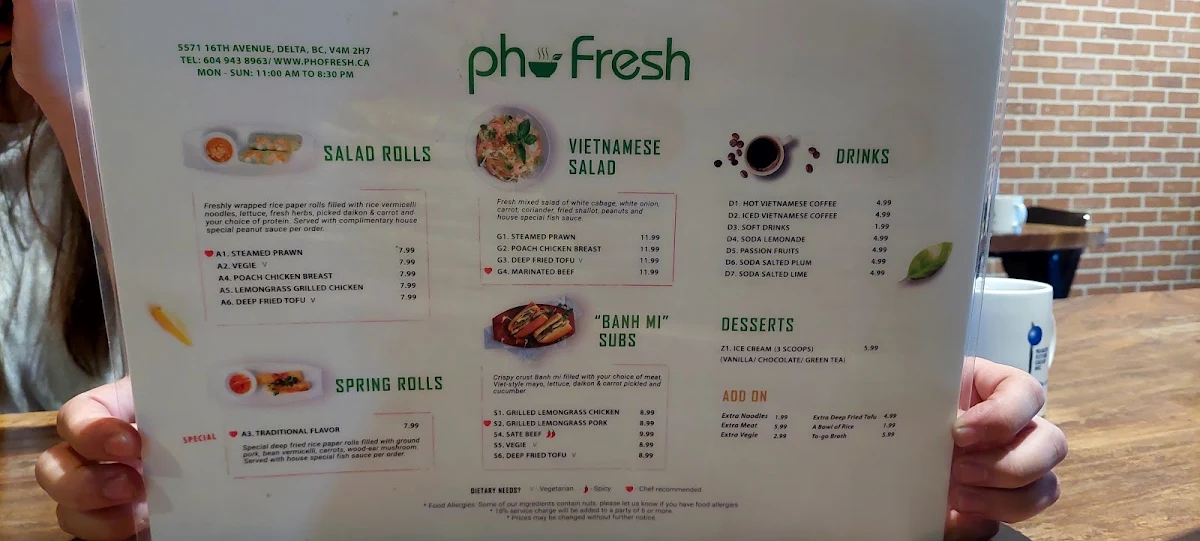 Menu, Pho Fresh