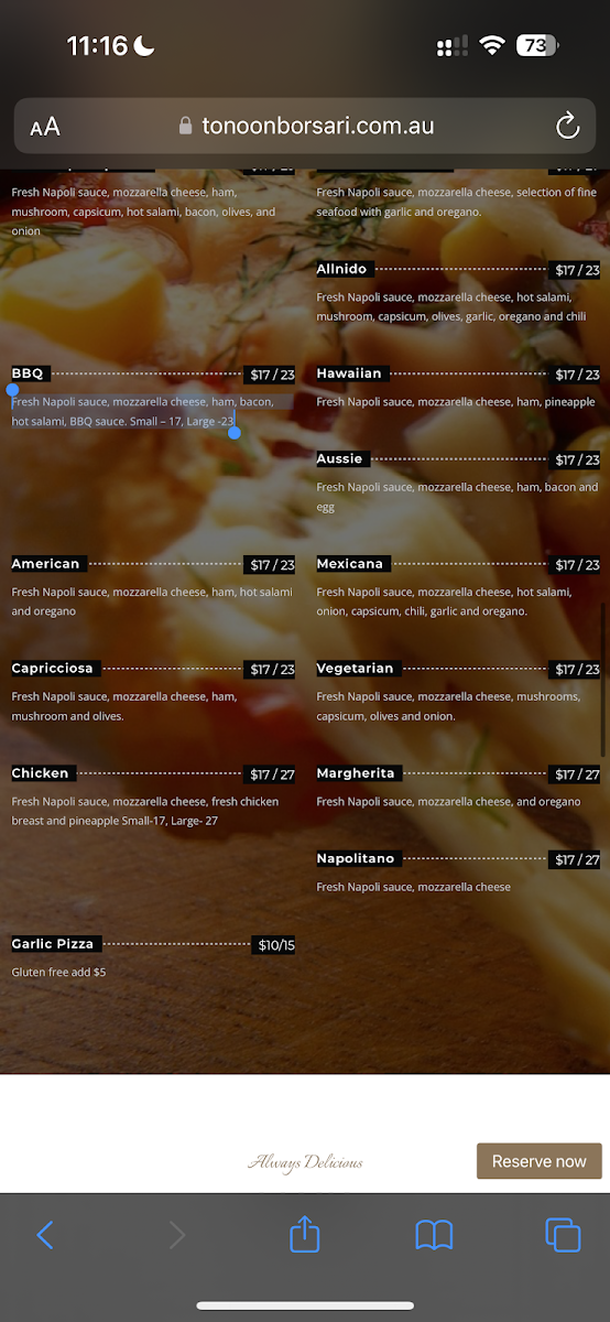 Menu, Tono on Borsari