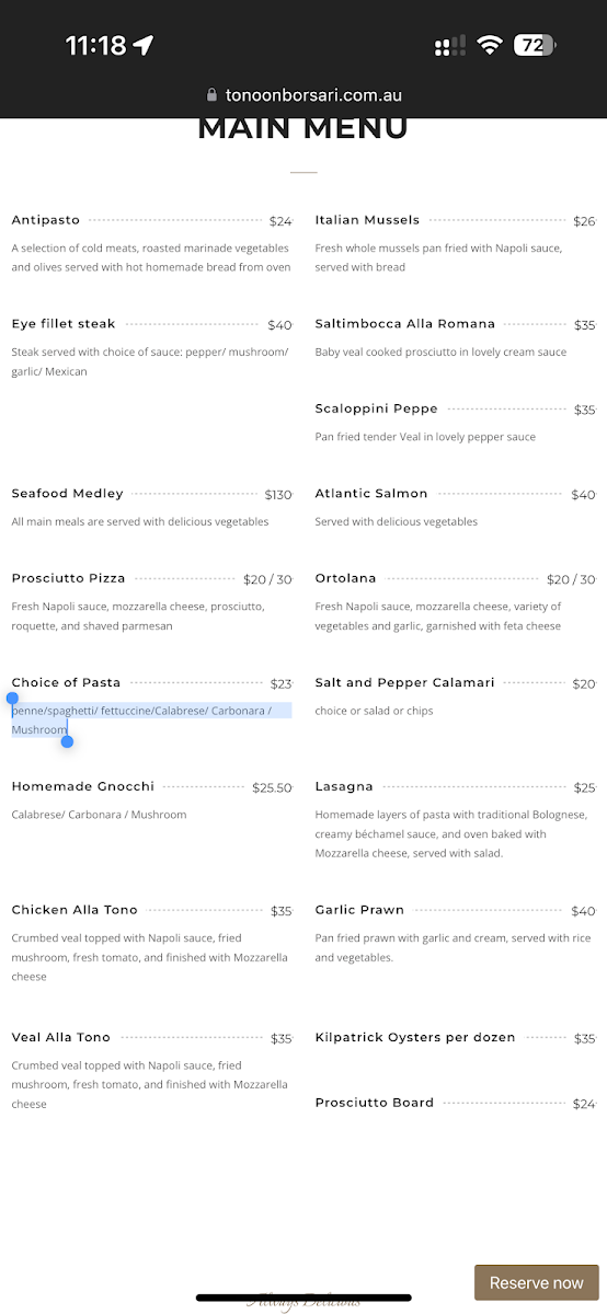 Menu, Tono on Borsari