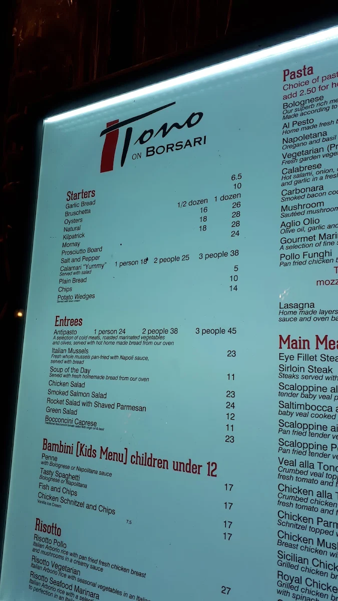 Menu, Tono on Borsari