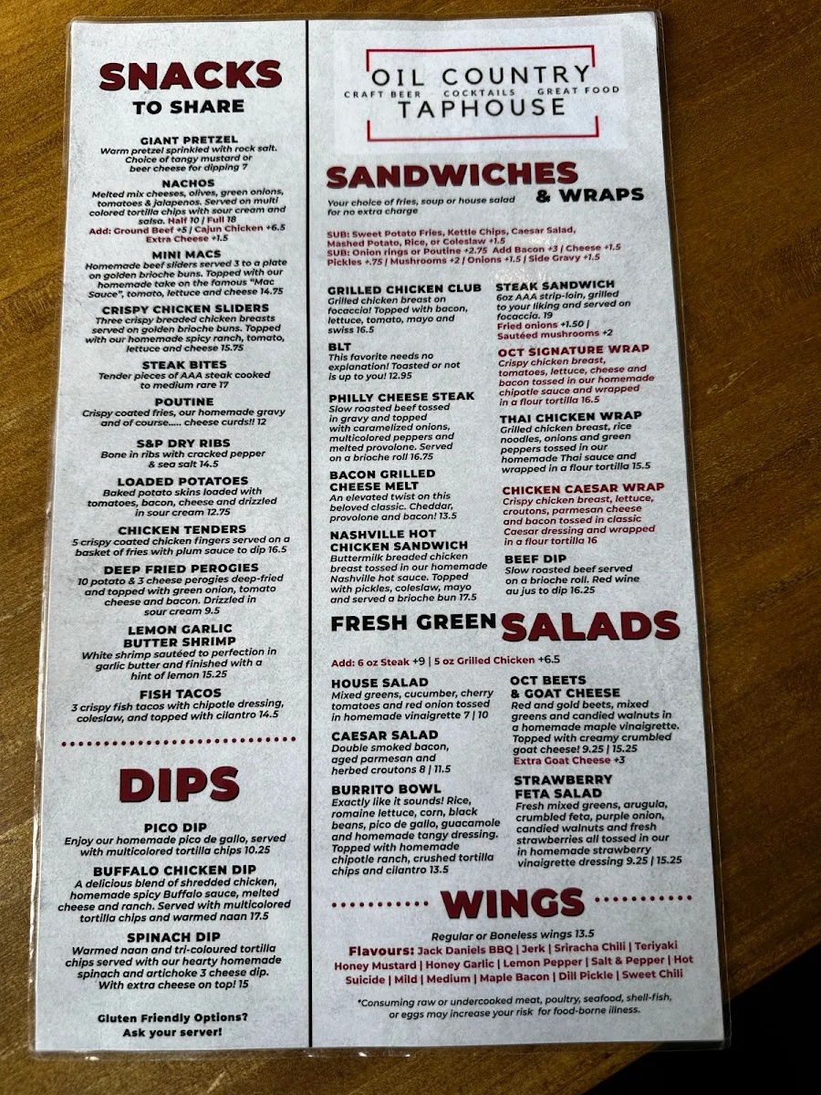 Menu, Oil Country Taphouse