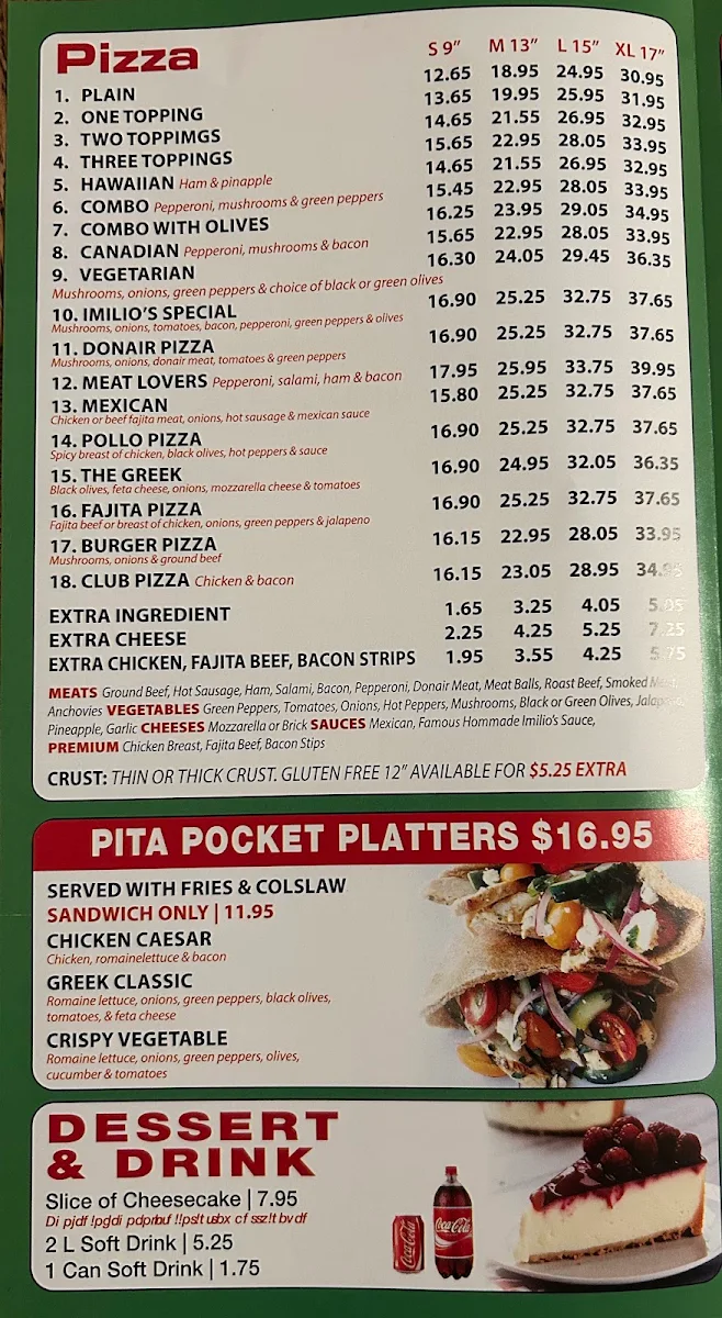 Menu, Imilio's Pizzeria
