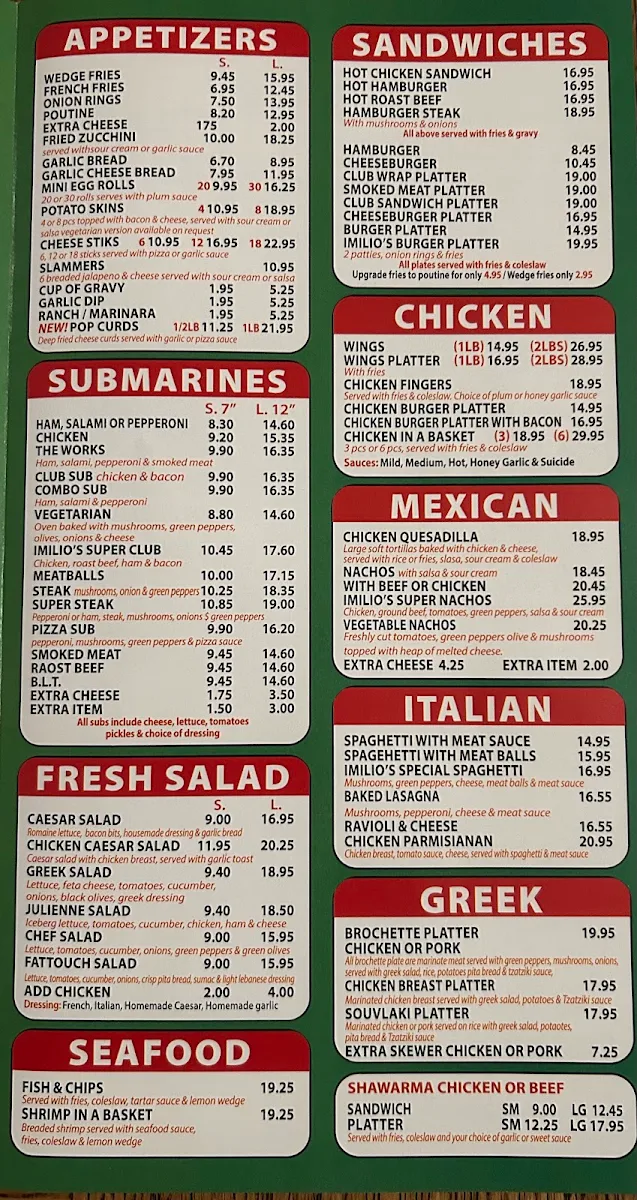 Menu, Imilio's Pizzeria