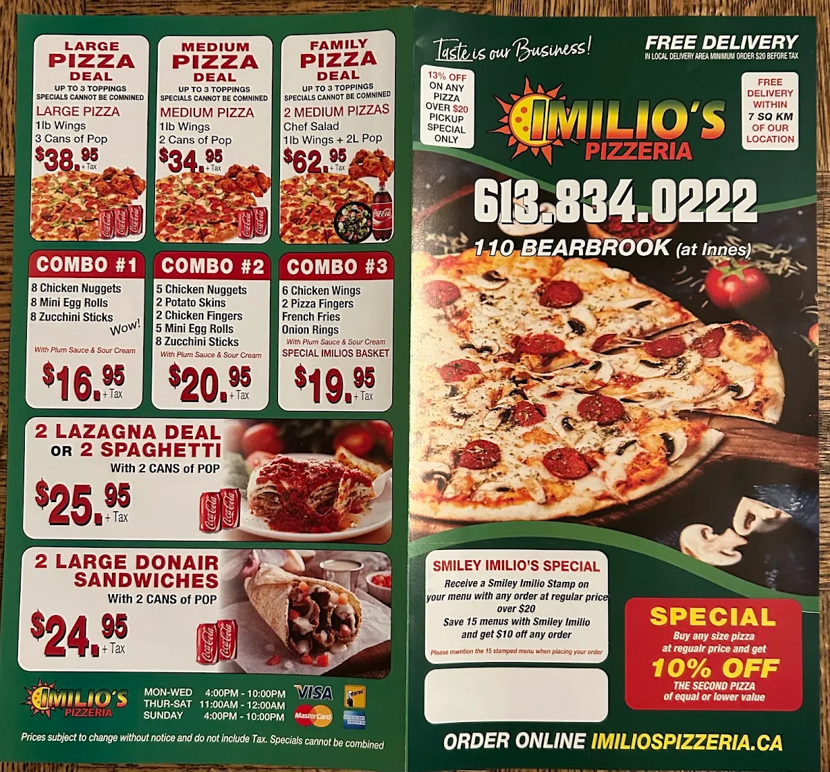 Menu, Imilio's Pizzeria