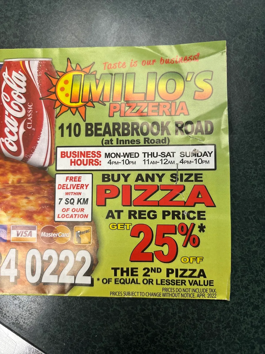 Menu, Imilio's Pizzeria