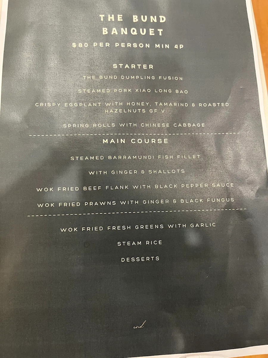 Menu, The Bund - Walsh Bay