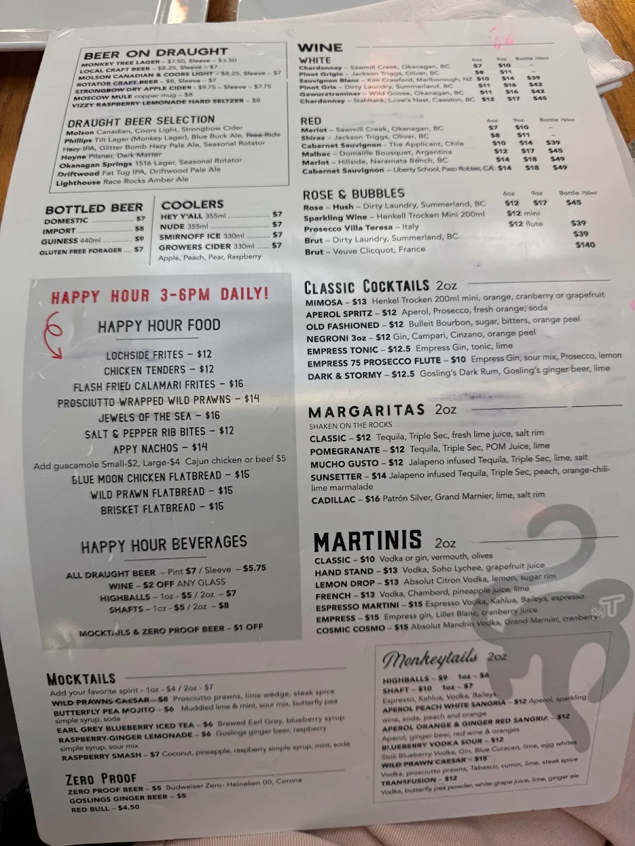 Menu, The Monkey Tree Pub