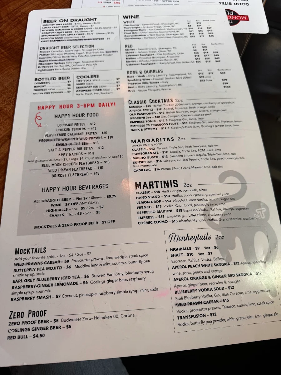 Menu, The Monkey Tree Pub