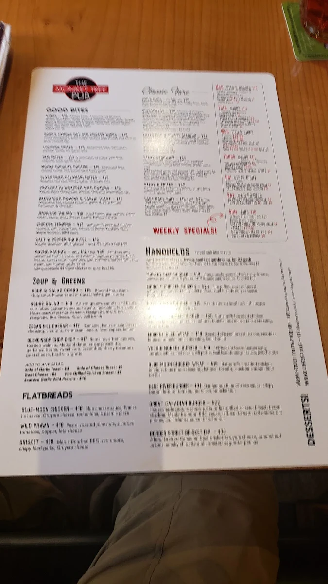 Menu, The Monkey Tree Pub