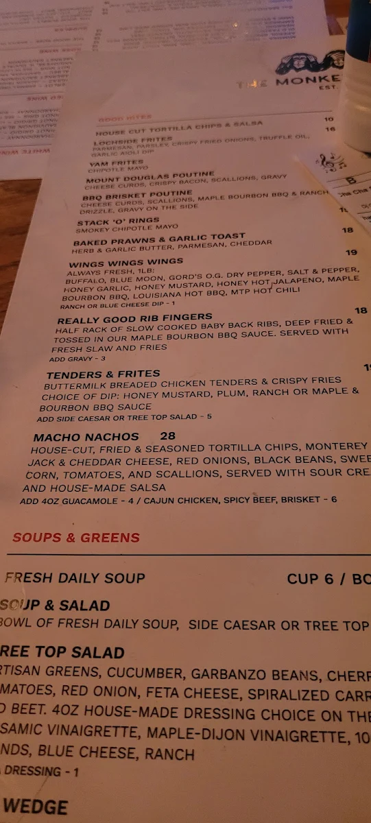 Menu, The Monkey Tree Pub