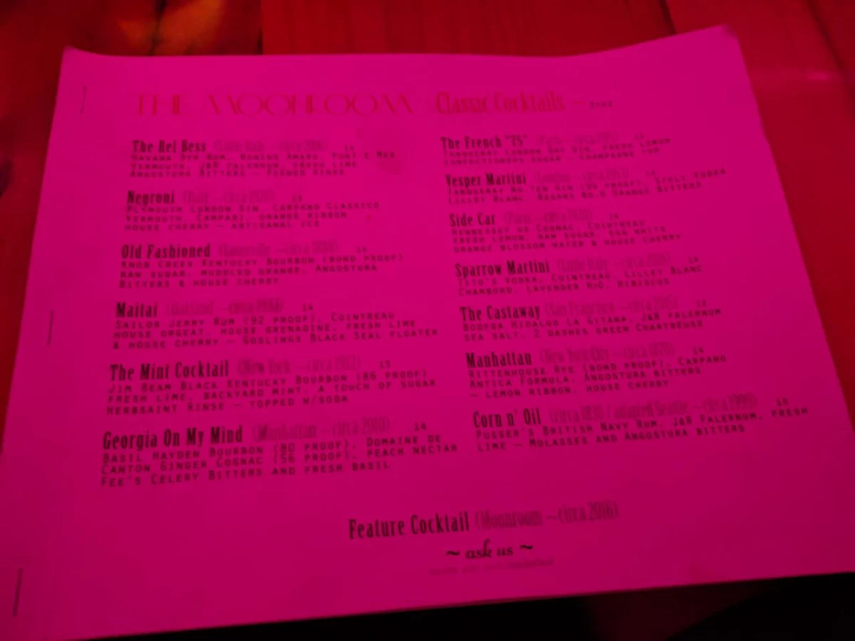 Menu, The Moonroom