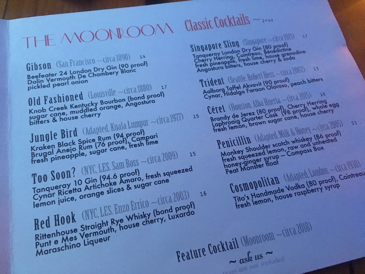 Menu, The Moonroom