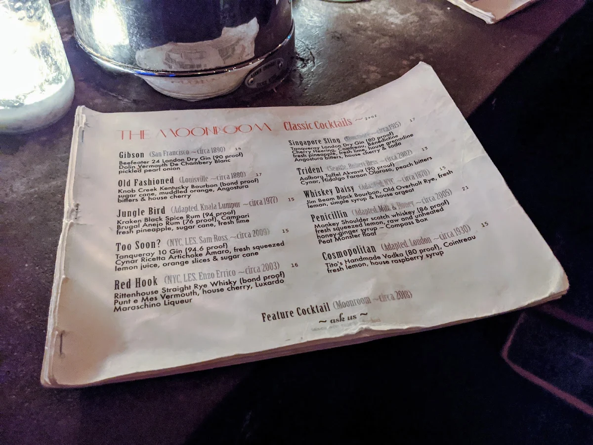 Menu, The Moonroom