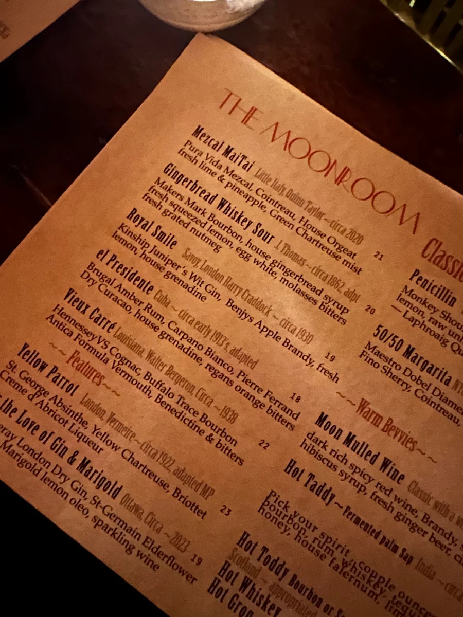 Menu, The Moonroom