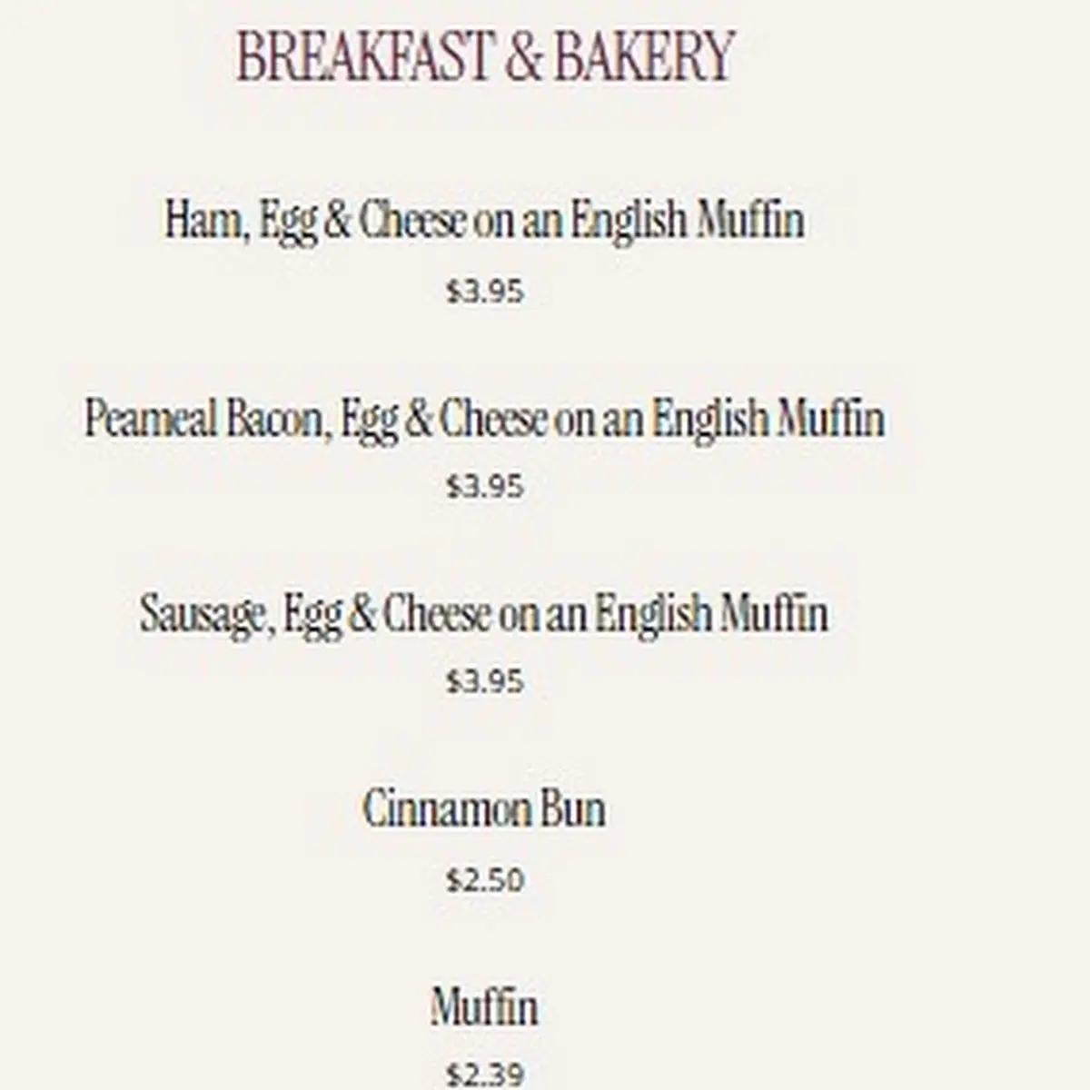 Menu, Village Pantry