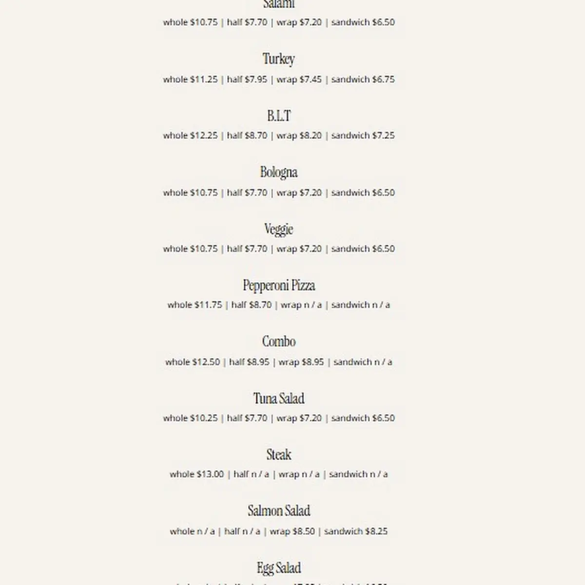 Menu, Village Pantry