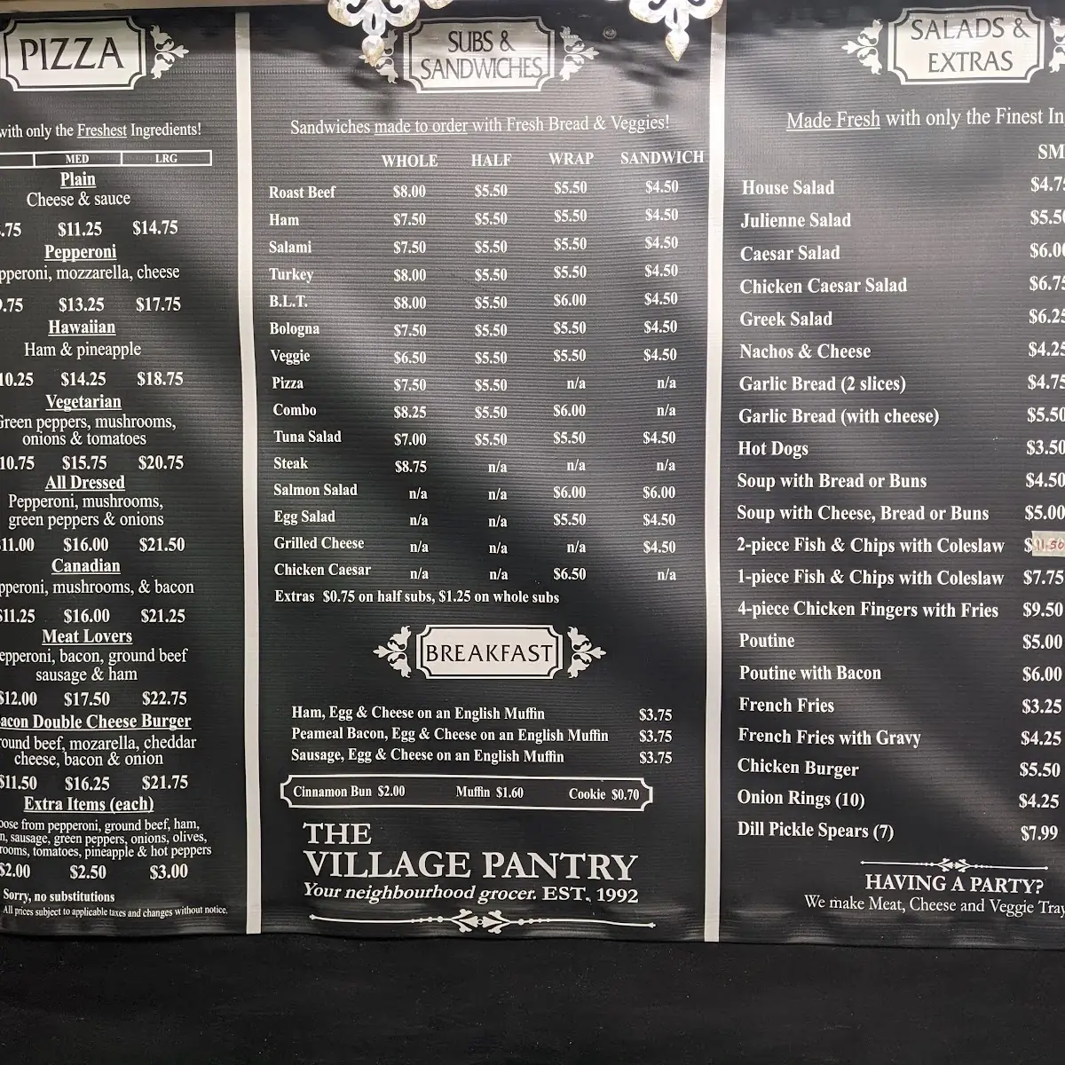 Menu, Village Pantry