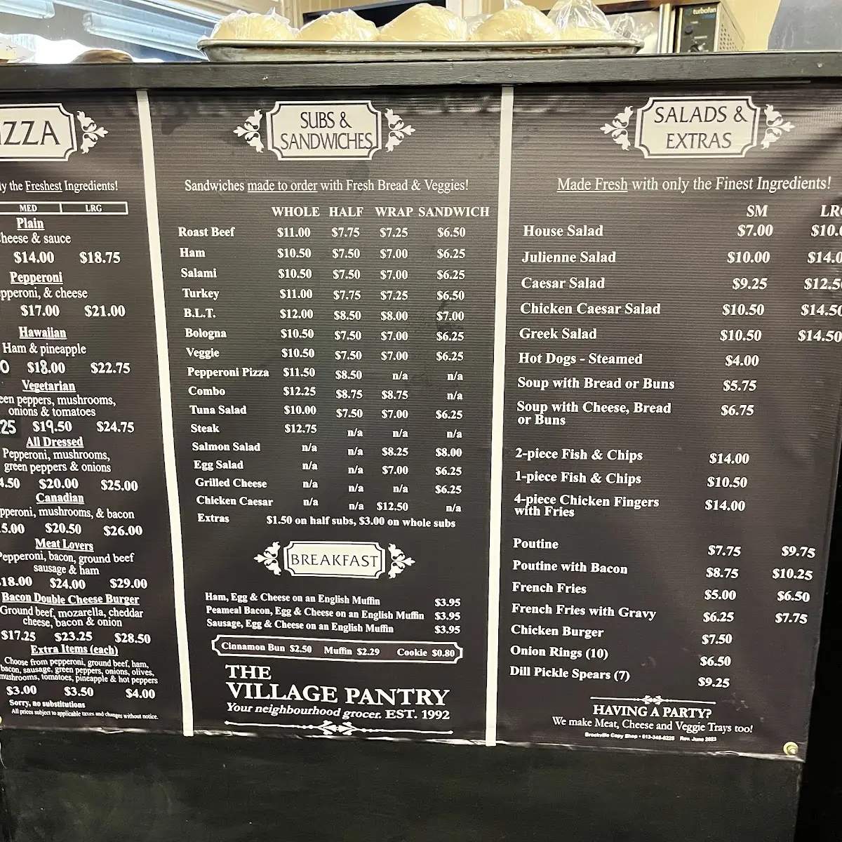 Menu, Village Pantry