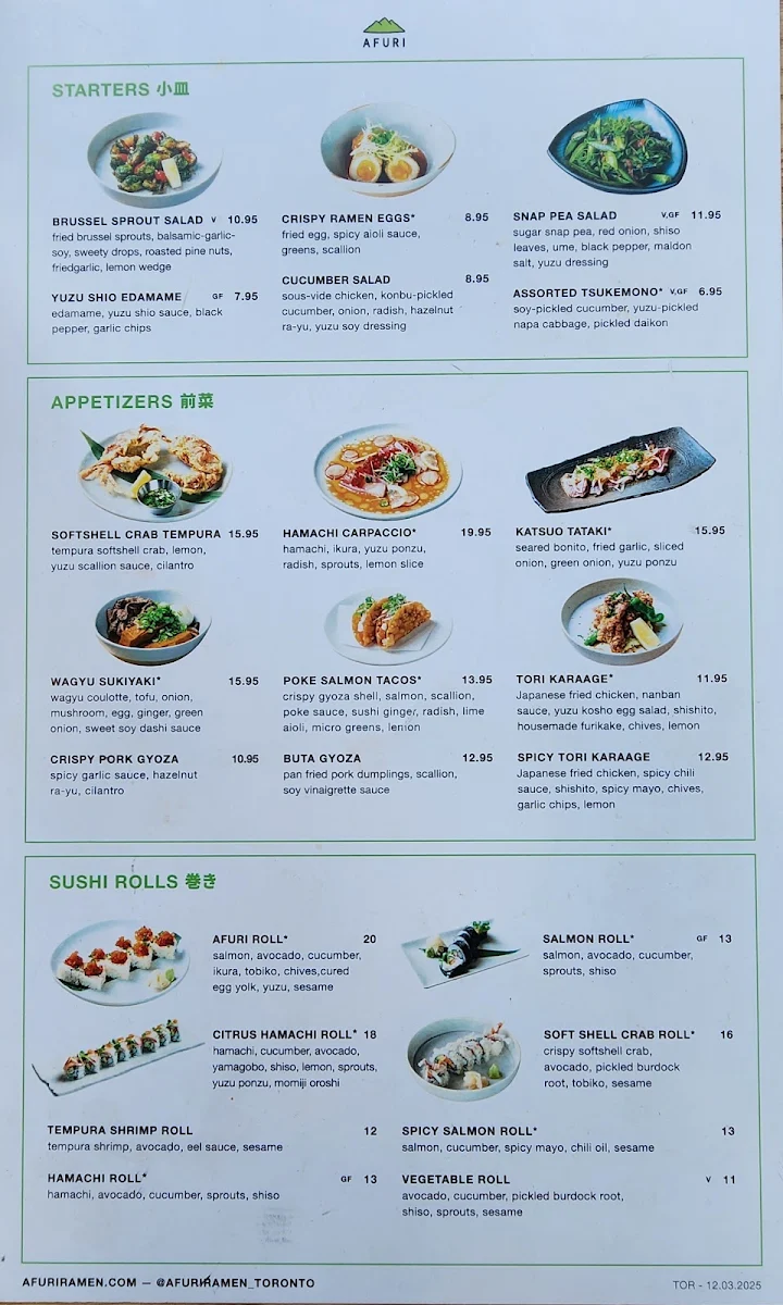 Menu, AFURI ramen + dumpling Toronto