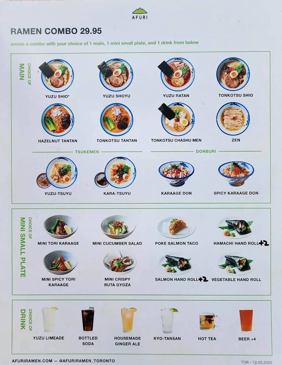 Menu, AFURI ramen + dumpling Toronto