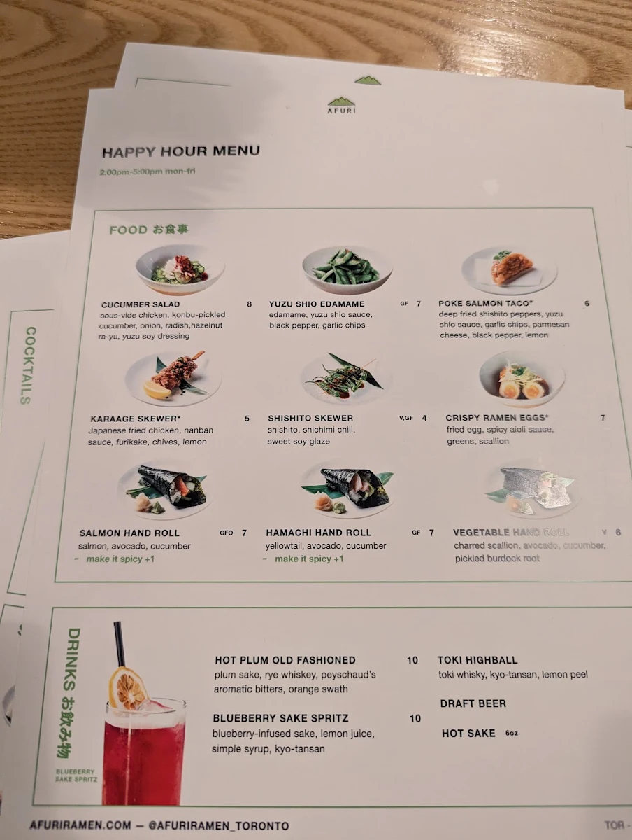 Menu, AFURI ramen + dumpling Toronto
