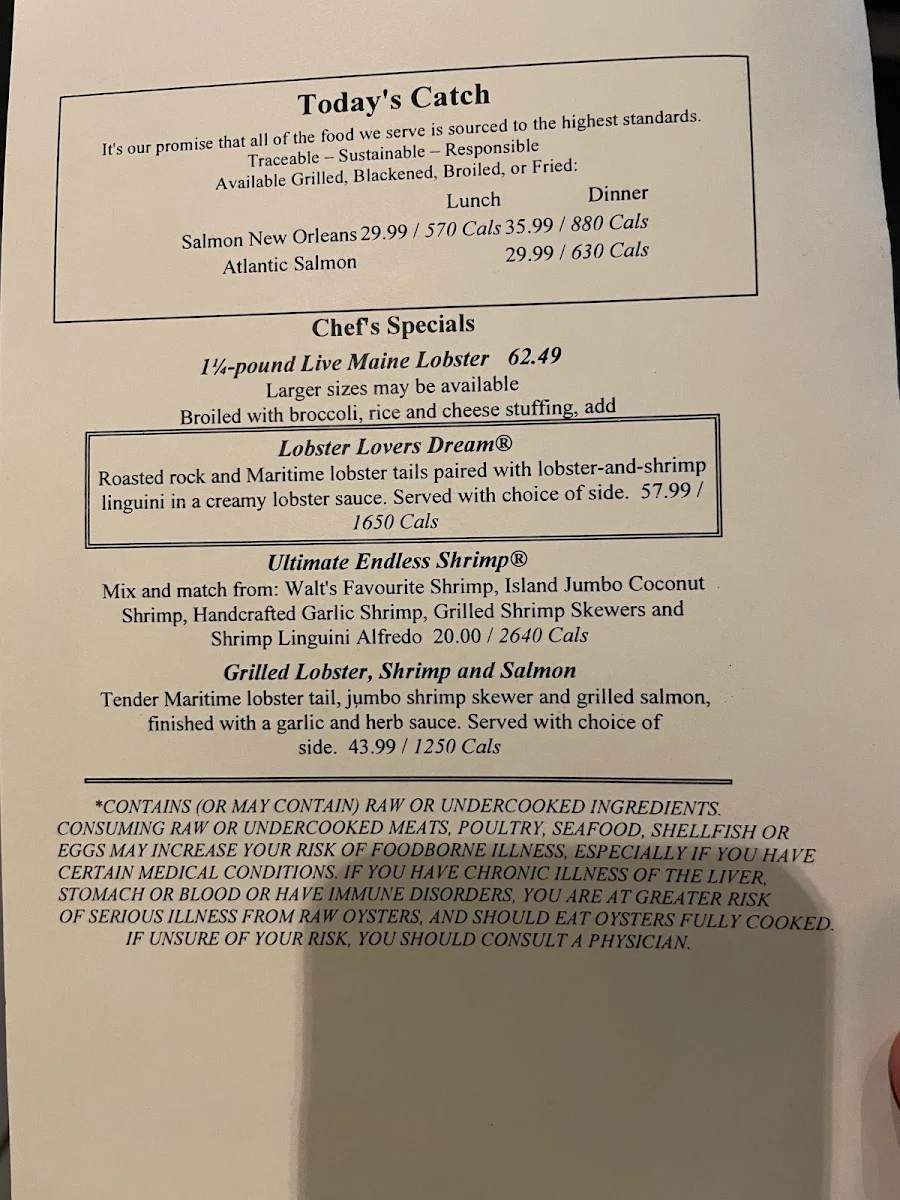 Menu, Red Lobster