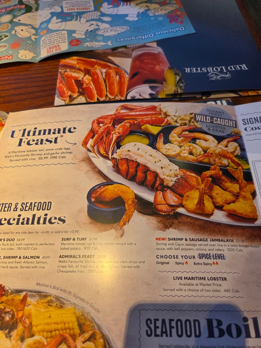 Menu, Red Lobster
