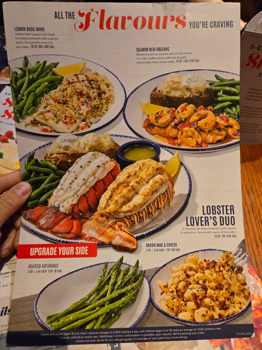 Menu, Red Lobster
