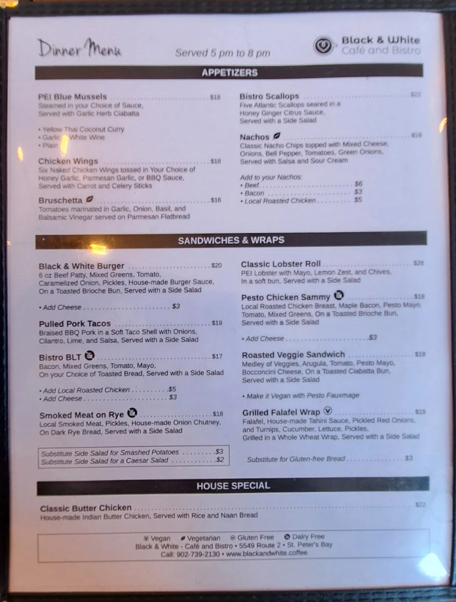 Menu, Black & White - Café and Bistro