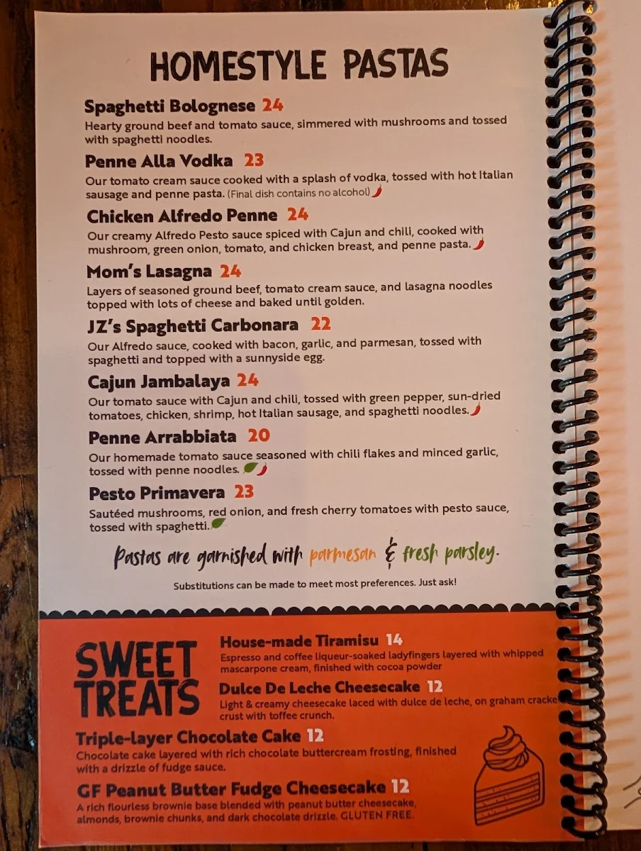 Menu, JZ’s Pizza